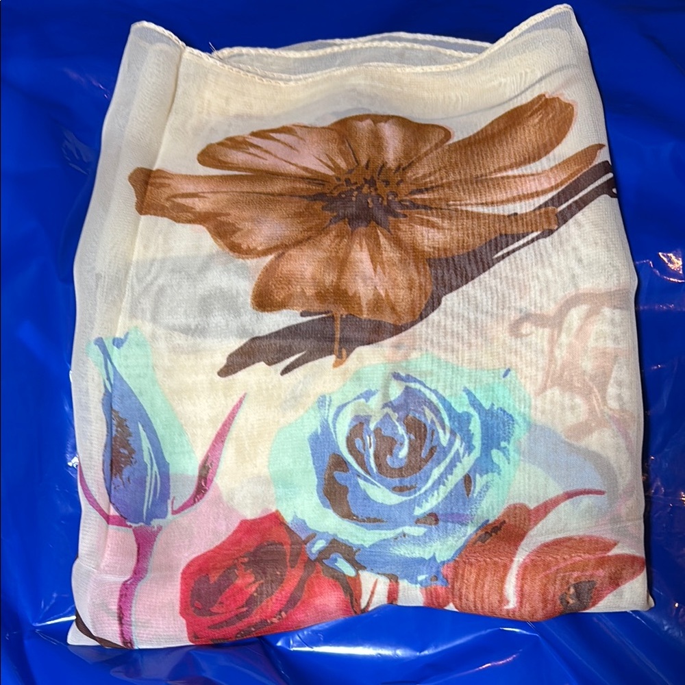 Floral Print Scarf with Brown and Blue Accents